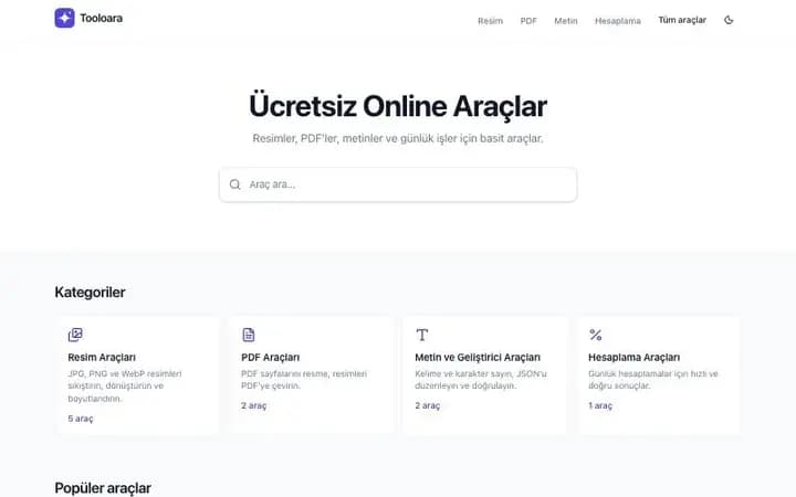 Tooloara ana sayfası: Ücretsiz online araçlar